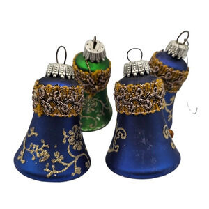 Set of 4 West Germany Glass Christmas Ornaments Royal Blue Green Glitter Bell